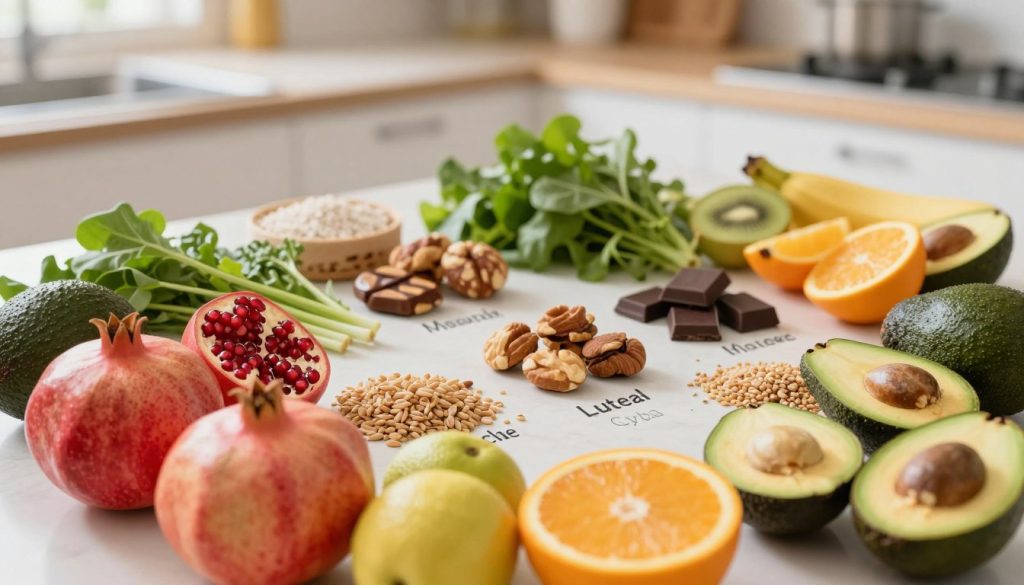 A beautifully arranged flat lay of nutritious foods representing the different phases of the menstrual cycle. In the foreground, vibrant fruits like pomegranates, oranges, and avocados symbolize the follicular phase, alongside leafy greens and whole grains. In the middle, display nutrient-rich snacks like nuts and dark chocolate for the luteal phase. The background softly blurred should feature subtle floral elements and calming pastel colors to create an inviting and soothing atmosphere. The lighting is warm, evoking a cozy kitchen vibe, captured from a slightly elevated angle for a comprehensive view of the food layout. The overall mood is uplifting and educational, encouraging a focus on health and well-being through nutrition.