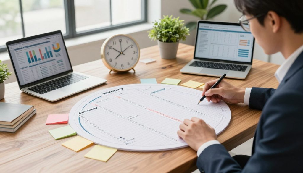 A well-organized workspace illustrating cyclical productivity planning, featuring a large circular planner on a polished wooden desk, layered with colorful sticky notes and to-do lists. In the foreground, a focused professional wearing smart business attire is analyzing the planner, with a laptop opened displaying productivity metrics. In the middle, a soft focused clock symbolizes time management, while a potted green plant adds a sense of life. The background shows a bright office with large windows that allow natural light to flood the room, creating a warm and inviting atmosphere. The scene is captured with a slightly elevated angle to emphasize the planner and workspace, evoking a mood of calm determination and productivity.